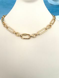 FREE SHIPPING!   This is a beautiful 24k Gold Gold Filled Chunky Mixed Paperclip Equestrian Status Link Chain Necklace with gorgeous baguette carabiner that opens.  The perfect everyday piece.  Available in your custom choice choice of  16, 18 or 20 inches  with 2 inch adjustable extender.   Lobster clasp with 2 inch adjustable extender.  Stunning and so on trend! Gold Chain Link Jewelry With Gold-tone Hardware, Elegant Gold Necklaces With Carabiner Clasp, Elegant Chain Link Necklaces With Carabiner Clasp, Gold Chain Link Necklace With Carabiner Clasp, Paperclip Chain Necklace, Charm Necklaces, Trombone, Chain Link Necklace, Gold Gold