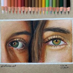 colored pencils next to an image of a person's eyes