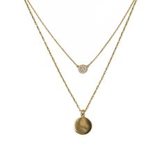 This layered duo consists of two necklaces from the O Collection linked into one set. Our patented connectors let you easily layer necklaces in any order you desire. Wear as a duo or unlink to wear each necklace separately. Pave Disc Pavé Disc Diameter 6.5mm Adjustable chain: 15-17in (38-43cm) Fancy Disc Pendant Diameter 0.5in (1.3cm) Italian Link chain, 1.5mm Adjustable chain: 19-21in (48-53cm) When layered, chain length is: 19-25in (48-63cm) Learn more Gold Vermeil Cubic Zirconia Hypoallergeni Dainty Double Chain Round Necklace, Dainty Round Necklace With Double Chain, Elegant Double Chain Charm Necklace With Round Pendant, Elegant Multi-strand Double Chain Charm Necklaces, Elegant Double Chain Multi-strand Charm Necklaces, Elegant Round Pendant Charm Necklace With Double Chain, Layered Double Strand Minimalist Jewelry, Minimalist Layered Double Strand Jewelry, Elegant Double Strand Layered Necklace For Everyday