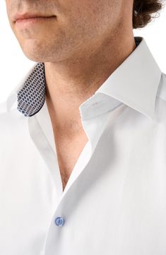 Cut in a slim fit, this sharp dress shirt is constructed from a high-performance, crease-resistant organic cotton and fitted with a classic spread collar. French placket Spread collar with collar stays Convertible French cuffs 100% organic cotton Machine wash, line dry Imported Timeless Business Dress Shirt With Hidden Button Closure, Elegant Slim Fit Shirt With Concealed Placket, Luxury Fitted Dress Shirt For Business Casual, Tailored Timeless Dress Shirt For Office, Timeless Business Casual Shirt With Fold Down Collar, Luxury Spread Collar Dress Shirt For Office, Luxury Collared Dress Shirt For Office, Luxury Fitted Shirt With Spread Collar, Luxury Fitted Dress Shirt With Spread Collar