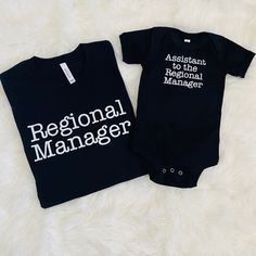 Regional Manager | Assistant to the regional manager | Father Son| Father Daughter | Matching T-shirts *DISCLAIMER- EACH SHIRT IS SOLD SEPARATELY* YOU WILL NEED TO CHOOSE THE COLOR AND SIZE FOR THE FIRST SHIRT, ADD TO CART. THEN GO BACK, CHOOSE COLOR AND SIZE FOR ADDITIONAL SHIRT, ADD TO CART. THEN CHECKOUT. All of our items are made to order and handmade with love💜 Women: For a woman's fit, we recommend to go down a size. For a looser fit, stick with your normal size. Men: Stick with your norm Cotton Tops With Branding For Workwear, Cotton Workwear Tops With Logo Print, Workwear T-shirt With Text Print And Short Sleeves, Assistant To The Regional Manager, Landscape Wall Mural, Regional Manager, Son Father, Matching Tshirts, Matching T Shirts