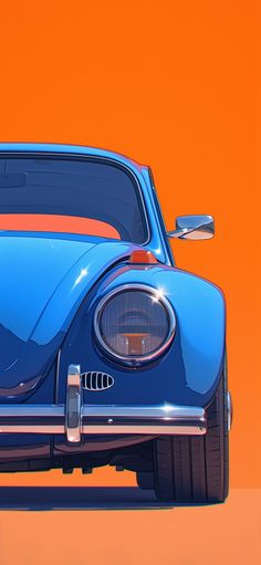 the front end of a blue volkswagen type car on an orange and yellow background with its hood up