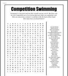 the competition swimming word search is shown in black and white, as well as an image of