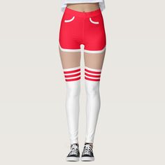 All over printed red retro shorts with a white trim and white over the  knee tube socks with red stripes. Change the skin tone if you know the hex color of your legs! Red Casual Shorts For School, Casual Red Shorts For School, Trendy Red Thigh High Tights, Red Stretch Thigh High Leg Warmers, Red Stretch Thigh-high Leg Warmers, Trendy Red Thigh-high Stockings, Trendy White School Bottoms, Casual Red Thigh-high Stockings, Trendy White Thigh High Tights