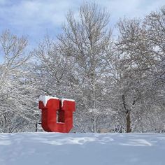 a large red letter that is in the snow