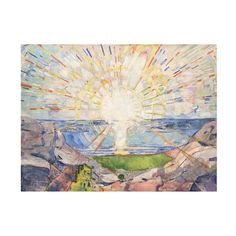 an image of a painting with sun rays coming out of the sky over water and land