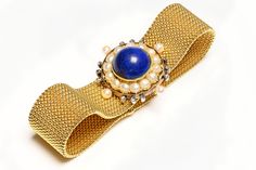 Antique French 18K Gold Lapis Pearl Diamond Bracelet Luxury Antique Cuff Bracelet With Polished Finish, Luxury Vintage Bracelets With Gold Clasp, Luxury Antique Yellow Gold Chain Bracelet, Luxury Vintage Pearl Bracelet, Luxury Vintage Gold-tone Bracelet, 18k Gold Bracelet, French Jewelry, Blue Lapis Lazuli, Mesh Bracelet