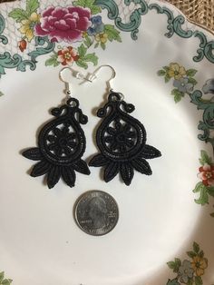 Lace Earrings Embroidered Earrings Dainty Earrings - Etsy Black Filigree Earrings, Black Embroidered Bohemian Jewelry, Bohemian Black Embroidered Jewelry, Elegant Embroidered Earrings, Embroidered Earrings, Lace Earrings, Embroidered Towels, Earrings Dainty, Blue Springs