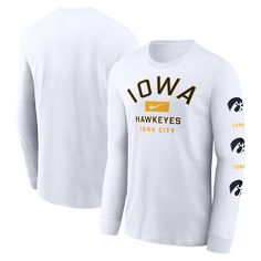 Show off your Iowa Hawkeyes pride in the Nike Primetime Classic Location Long Sleeve T-Shirt. Soft cotton fabric provides continuous comfort, making this shirt a go-to for casual game days or everyday wear. The team name and location are prominently displayed across the chest, while team logos run down the left sleeve, showcasing your Hawkeyes from every angle. This tee is perfect for any Hawkeyes fan looking to rep their school spirit and cheer on the team to victory. White Nike T-shirt For Game Day, Cotton Long Sleeve T-shirt For Sports Events, Nike Cotton T-shirt With Team Logo, Nike Long Sleeve Fan Gear Top, Nike Pre-shrunk Sports Fan Top, Nike Sports Fan Top, Nike Team Spirit Cotton T-shirt, Nike Cotton T-shirt With Team Spirit Style, Nike Collegiate Tops With Letter Print