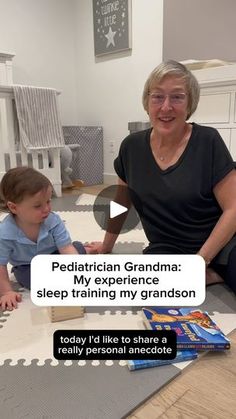 an older woman sitting on the floor next to a child who is playing with puzzles