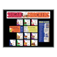 Two 5-1/2” x 17” title header pieces (becomes 5-1/2” x 34”) and a variety of informative cards included. All pieces laminated for durability. Sized to fit a 3’ x 4’ bulletin board (not included). Can be easily adapted to fit any size bulletin board. Do you know how much sugar is hiding in your food? Find out with Sugar Shockers® Foods Bulletin Board Kit which features a variety of different foods shown side by side with the equivalent amount of sugar cubes the portion contains. From yogurt and c Food Bulletin Boards, Different Foods, Bran Cereal, How Much Sugar, Veggie Dogs, Yogurt Flavors, Gourmet Dog Treats, Instant Oatmeal, Sugar Cubes