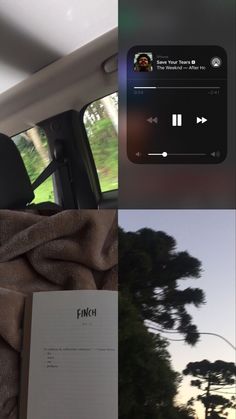 an image of the inside of a car with music playing on it and in the passenger seat