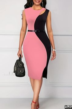 Fisdy - Chic Sleeveless Dresses with Patchwork Detail, Hollowed Out Design, and Belted Contrast O-Neck Black Sleeveless Color Block Dress, Neck Lines, Corporate Dress, Dinner Dress Classy, Round Neck Dress, Work Dresses For Women, Sleeveless Dresses, Work Dresses, Classy Dress Outfits