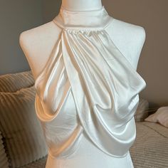 Beautiful Icy White Satin Draped Top With Pearl Button Accents. *Also Available In Bronzey Color* White Clothing Aesthetic, Draped Satin Top, Elegant White Draped Blouse, Fitted White Draped Blouse, Draped Garments, Luxury White Chic Draped Skirt, Chic White Draped Top, White Draped Fitted Blouse, Draping Project