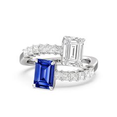 An alternative sparkler for the woman who wants something extremely romantic yet a bit out of the ordinary. This two-stone "toi et moi" engagement ring symbolizes the meeting of two individuals. The band does not form a closed circle and instead splits and coils. Each end is punctuated by an emerald-cut diamond and Created sapphire, accentuated by a short row of princess-cut diamonds. White Gold Three Stone Ring For Proposal, White Gold Three Stone Proposal Rings, Fine Jewelry Three Stone Rings For Proposal, White Gold Three Stone Diamond Ring For Proposal, White Gold Brilliant Cut Emerald Ring For Proposal, Classic Three Stone Rings For Proposal, Three Stone Sapphire Ring With Radiant Cut Diamond, Emerald Diamond Ring For Proposal, White Gold Sapphire Ring With Prong Setting For Proposal