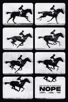 black and white photo of jockeys on horses in motion with caption that says nope