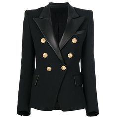 The classic and simple lines of this viscose blend sand cady double-breasted jacket are overturned by retro details. Its tight-fit, the concave shoulders and the large leather lapel remind of Bianca Jagger’s 70’s style. Metal jewel buttons fastening. Two flap pockets. Black-printing lining.[custom tab]FABRIC #1: 100% POLYESTER |FABRIC #2: 100% LEATHER | LINING #1: 100% POLYESTER[/custom tab] Bianca Jagger, European Design, Double Breasted Jacket, Fitted Blazer, Leather Collar, Leather Blazer, Blazer Buttons, Black Blazer, Black Blazers