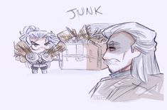 a drawing of a man with white hair and an anime character next to him that says junk