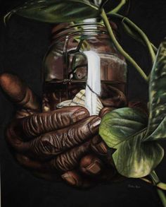 a painting of a hand holding a jar with water coming out of it