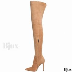 Bjux - Elegant Camel Suede Over-the-Knee Stiletto Boots with Pointed Toe Fitted Thigh-high Beige Boots, Fitted Beige Thigh-high Boots, Beige Fitted Suede Knee-high Boots, Fitted Beige Suede Boots, Fitted Beige Suede Heeled Boots, Fitted Suede Knee-high Boots With Round Toe, Stiletto Boots, Gray Suede, Black Tank