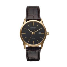 With its slick art deco-inspired dial and supple leather band, this men's Citizen watch is a timeless classic.FEATURES Date window DISPLAY Dial color: black Face cover material: mineral crystal CASE Material: gold-tone stainless steel Diameter: 39 mm BAND Material: brown leather Clasp: buckle Circumference: 230 mm Width: 22 mm DETAILS Movement: quartz Power: battery Water resistance: 50 meters Warranty: manufacturer's 5-year limited For warranty information please click here Model number: BI5002 Mens Watches Leather, Citizen Watch, Art Deco Inspired, Window Display, Minerals Crystals, Face Cover, Leather Band, Timeless Classic, Leather Men