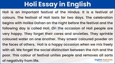 Holi Festival Essay for Kids English Paragraph, Writing Skill, Festival Of Colours, Write An Essay, Paragraph Writing, Class 8, Holi Festival