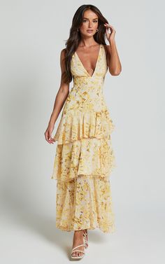 Beryl Midi Dress - Deep V Neck Sleeveless Layered Dress in Yellow Floral Midi Dress Floral, Yellow Floral Dress, Layered Dress, Ruffle Midi Dress, Dress Floral, Floral Midi Dress, Yellow Floral, Yellow Dress, Guest Dresses