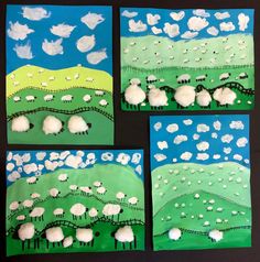 four paper plates with sheep on them and clouds in the sky behind them, all made from construction paper