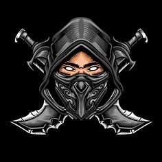 an image of a person wearing a mask with two swords in front of their face