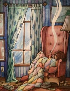 a painting of a person sleeping in a chair with the words good morning have a warm and cozy day