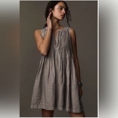 Anthropologie Lenin Sleeveless Pleated Mini Dress Size L A-line Linen Dresses, Gray Casual Dresses, Linen Casual Dress Fantasylinen, Linen Drawstring Dress, Find The Perfect Dress, Sleevless Casual Dress, Linen Casual Dress Pattern, Linen Clothes Dresses, Bohemian Sleeveless Dress For Daywear