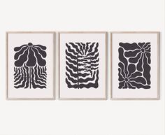 three black and white art prints hanging on a wall