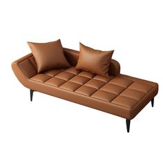 a brown leather couch with two pillows on the top and one pillow on the bottom