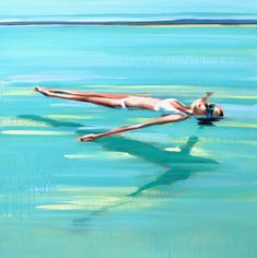 a painting of a woman floating in the ocean with her legs spread out and head above water