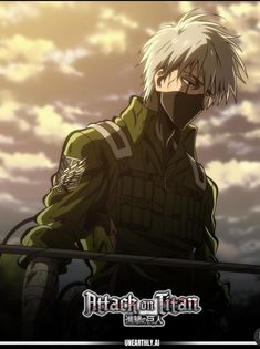 an anime character with white hair standing in front of clouds