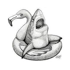 a drawing of a shark on an inflatable raft