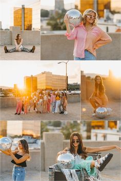 a collage of photos showing different people in the city, including one woman holding a balloon