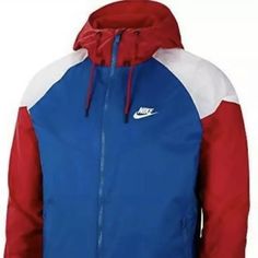 New - Nike Sportswear Windrunner Jacket Royal White Red Blue Ck0163-477 Men’s Xl Hooded Technical Windbreaker For Running, Technical Hooded Windbreaker For Running, Red Nylon Track Jacket, Red Nylon Sportswear Track Jacket, Nike Casual Outerwear For Sports Season, Casual Nike Outerwear For Sports Season, Red Nylon Sporty Track Jacket, Red Functional Sports Outerwear, Winter Nylon Windbreaker For Running