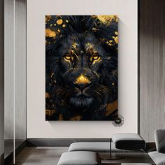 a black and gold lion painting in a living room