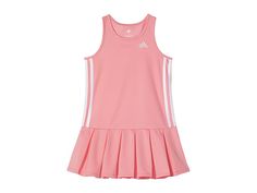 adidas Kids Sleeveless Tennis Dress (Toddler/Little Kids) - Girl's Dress : Light Pink : Let your little one get elevated style and comfort during the next tennis game wearing adidas Kids Sleeveless Tennis Dress. Regular fit. Round neckline. Sleeveless construction. Contrasting brand logo on left chest. Contrasting strriped detailing on sides. Pleated skirt. 100% polyester pique. Machine washable. Imported. Spring Moisture-wicking Tennis Dress, Pink Sporty Tennis Dress For Spring, Sporty Pink Tennis Dress For Spring, Sleeveless Tennis Dress For Spring Gym Sessions, Pink Tennis Dress For Spring Sports, Pink Spring Tennis Dress For Sports, Pink Tennis Dress For Spring, Sporty Spring Tennis Dress, Pink Athleisure Tennis Dress