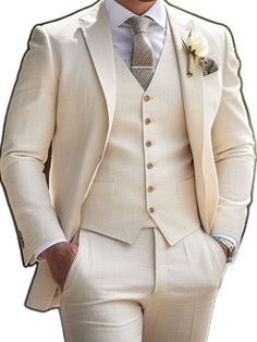 Beige Three-piece Suit For Groom, Beige Notch Lapel Three-piece Suit For Wedding, Beige Notch Lapel Three-piece Wedding Suit, Classic Beige Wedding Suit, Beige Fitted Tuxedo For Wedding, Beige Tailored Suit For Wedding, Beige Notch Lapel Tuxedo For Wedding, Beige Fitted Wedding Tuxedo, Classic Cream Wedding Suit