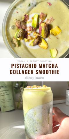 a person holding up a glass filled with food and text that reads, pistachio matcha collagen smoothie