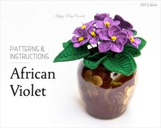 an african violet flower in a brown vase with green leaves and yellow flowers on it