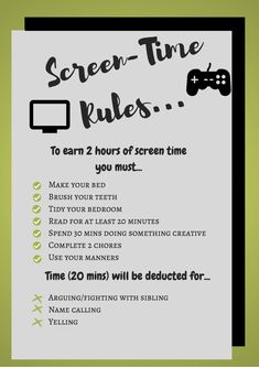 the screen time rules poster is posted on a white paper with black writing and green background