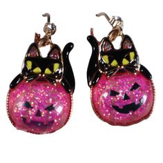 New Betsey Johnson Halloween Earrings. Black Cat On Top Of Pink Glitter Sparkling Pumpkin. Smoke Free Shipper. Cute Halloween Party Jewelry, Pink Novelty Earrings For Party, Pink Halloween Party Earrings, Cute Black Jewelry For Party, Cute Cat Design Earrings For Party, Party Jewelry With Cat Design And Cat Ears, Pink Cat Design Jewelry With Cat Ears, Party Jewelry With Cat Design, Witchy Halloween Party Earrings