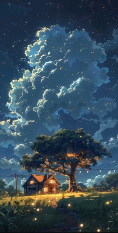 the night sky is full of stars, clouds and a tree with a house on it