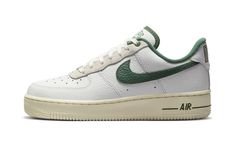 The Women’s Nike Air Force 1 Low '07 LX Command Force "Gorge Green" is a women’s-exclusive colorway of the popular sneaker that pays homage to the classic Nike Command Force basketball shoe.  Originally released in 1991, the Command Force is a retro hoops model that inspires the look of the Air Force 1 Low seen here.  The colorway features a white leather upper with Gorge Green leather on the Swoosh, inner lining, and on the underside of the tongue.  The green hue also appears on the Command For Nike Command, Air Force Baby, Sneaker Displays, George Green, White Nike Shoes, Popular Sneakers, Marina Blue, Nike Air Force Ones, Nike Air Force 1 Low