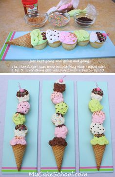 an ice cream cone is decorated with cupcakes and sprinkles to make it