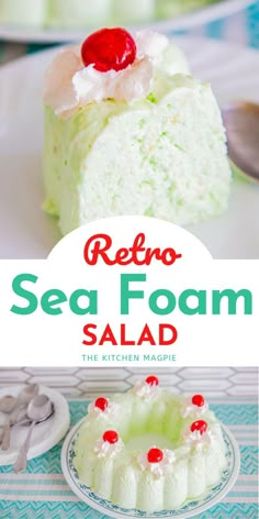 an image of a piece of cake that is on a plate and the title reads reto sea foam salad