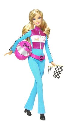 the barbie doll is wearing a racing outfit and holding a pink helmet with her hands